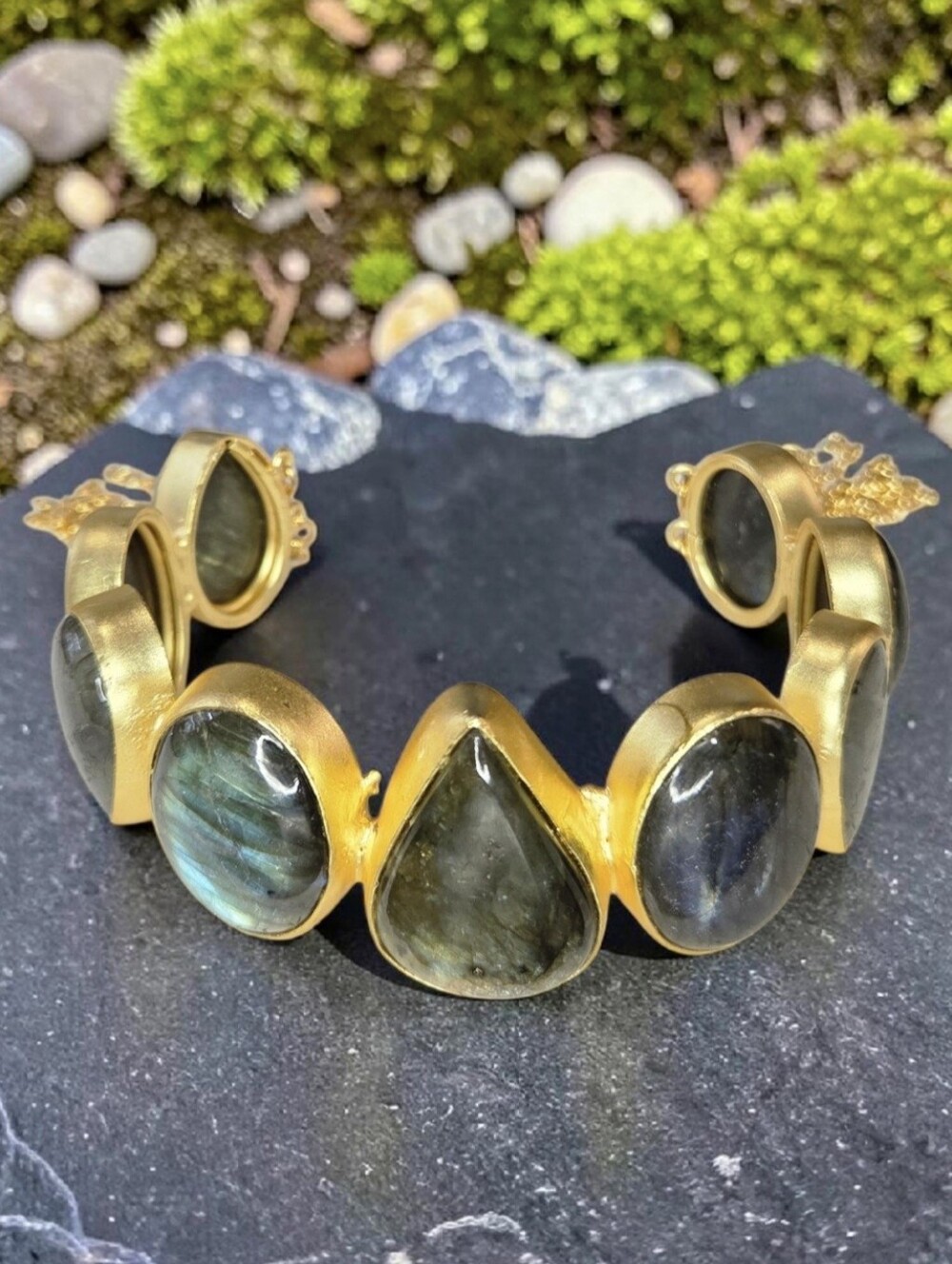 Matte Gold Artisan Chunky Genuine Flashy Labradorite Chain Tassel Cuff Bracelet